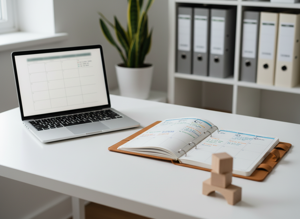 A minimalist, professional workspace designed for childcare planning, with a slim silver laptop open on a matte white desk, displaying a blurred schedule grid. Beside it, a structured leather-bound planner lies open, with tidy, color-coded notes and small icons representing naps, meals, and play. Neutral-toned wooden blocks form a subtle stack near the edge, hinting at infant–toddler care. The background shows a soft-focus shelving unit with neatly labeled binders and a single potted snake plant. Diffused daylight from the left creates soft, even illumination and understated shadows. Captured from a slightly elevated angle with a balanced composition and photographic realism, the mood is calm, organized, and competent, emphasizing Tess Haywood’s professional, systems-oriented approach to early childhood education.