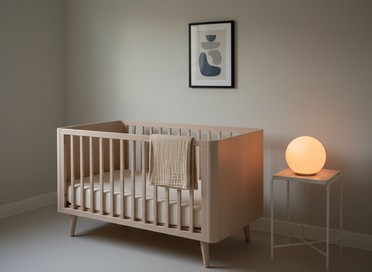 A carefully arranged infant sleep environment with no people present, featuring a modern, low-profile crib in light beech wood with smooth slats and a fitted organic cotton sheet in warm off-white. A single muslin blanket in a muted sand tone is folded neatly over the side, and a small, soft-glow nightlight shaped like a simple sphere rests on a nearby white side table. The walls are painted in a gentle greige, with one understated framed print showing abstract, rounded shapes. Soft, indirect evening light combines with the nightlight’s warm illumination to create gentle gradients and subtle shadows. Shot at a slight angle with a shallow depth of field, the composition feels safe, nurturing, and methodical, embodying high standards of infant care in a clean, minimalist photographic style.