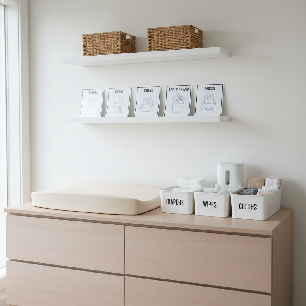 A tidy infant–toddler changing and care station with a focus on safety and orderliness, featuring a wide, pale-wood dresser with smooth, handleless drawers and a contoured, cream-colored changing pad on top. Beside the pad, labeled white caddies hold neatly arranged diapers, fragrance-free wipes in a matte dispenser, and folded burp cloths in neutral tones. Above, three slim, white floating shelves display carefully spaced baskets and clearly printed routine cards in simple typography. The lighting is bright yet soft, as if from overhead diffused fixtures and a nearby window, casting clean, minimal shadows. Photographed at eye level with a wide but uncluttered frame and photographic realism, the mood is clinical yet warm, emphasizing Tess Haywood’s emphasis on hygiene, safety, and predictable routines in early childhood care.