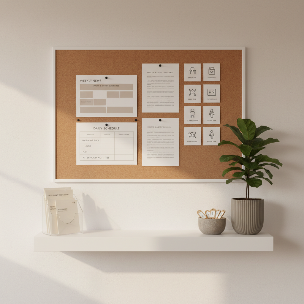 A calm, inviting family communication area without people, featuring a large, frameless corkboard mounted on a warm white wall. On it, neatly arranged neutral-toned information sheets, a daily schedule, and simple icon-based routine cards are pinned with minimalist black pushpins. Below, a slim white console table holds a clear acrylic brochure holder with organized policy pamphlets and a small, matte ceramic bowl with labeled key tags. A single, tall, green leafy plant in a textured gray pot adds life without clutter. Soft, indirect natural light from an unseen window creates a gentle gradient on the wall and subtle, orderly shadows. Shot straight-on with balanced composition and photographic realism, the atmosphere feels transparent, reassuring, and thoroughly professional, emphasizing clear communication in Tess Haywood’s childcare approach.