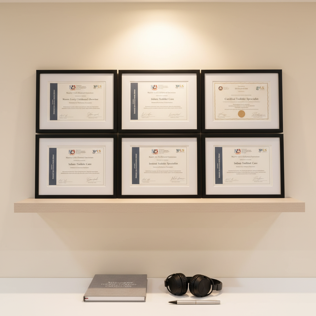 A professional training and certification vignette, showing a clean, neutral-toned wall-mounted shelf holding a precise arrangement of framed certificates related to early childhood and VLS training. The frames are thin, matte black with generous white mats, aligned in a perfect grid. On the shelf below rests a minimalist, closed training manual with a soft gray cover, a pair of noise-canceling headphones, and a slim silver pen laid perfectly parallel. The background wall is a smooth, warm white, illuminated by soft, indirect artificial lighting from a recessed fixture above, creating a subtle halo effect around the frames. Captured straight-on with sharp focus and balanced composition, in a clean, corporate photographic style, the scene communicates credibility, ongoing professional development, and a structured approach to infant–toddler care.