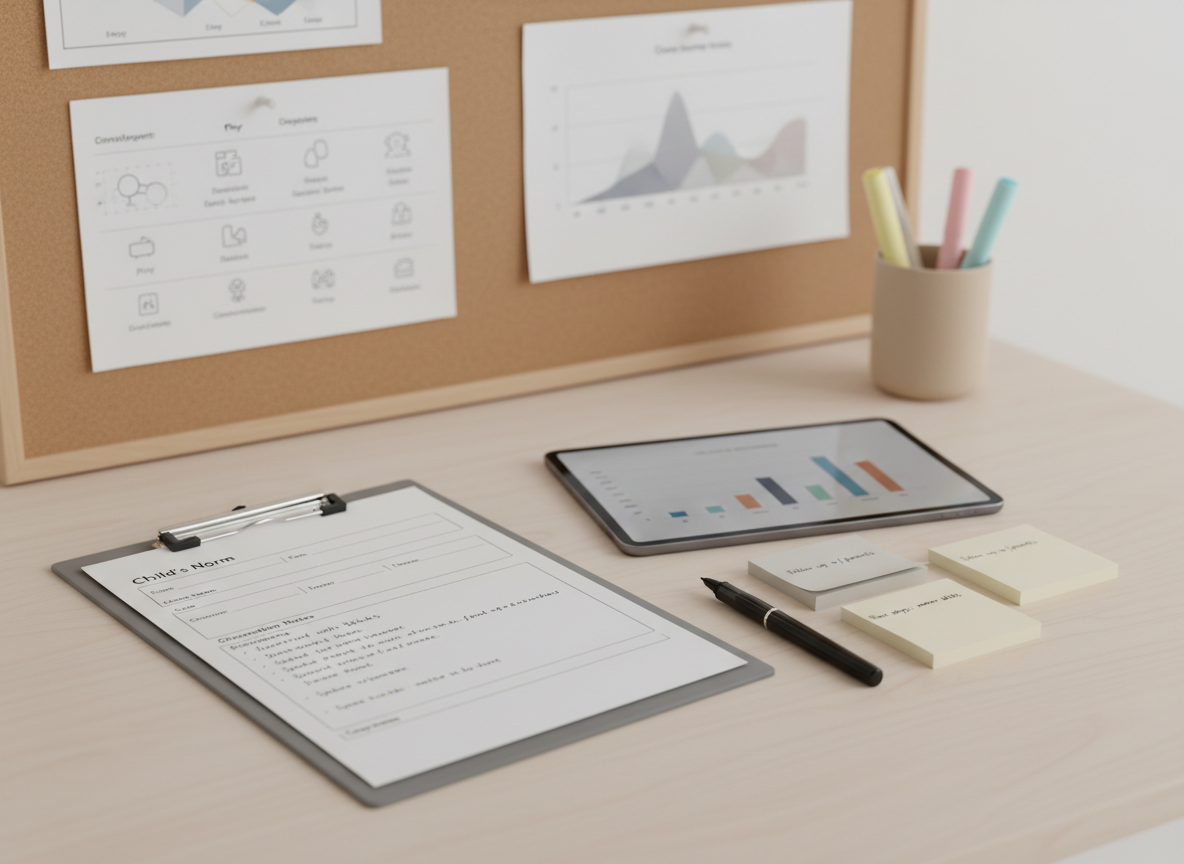 A structured documentation station for early childhood observations, featuring a matte white clipboard with a partially filled observation form using precise, legible handwriting and clean typography. Next to it sits a slim, graphite-gray tablet with a subtle reflection on its screen, displaying an out-of-focus chart. Neutral-toned sticky notes, a fine-tip black pen, and a small, sand-colored ceramic cup holding highlighters are arranged purposefully on a pale wood desk. In the background, a blurred corkboard displays neatly pinned, anonymized child development charts and simple icons. Soft overcast daylight from above and to the left provides even, shadow-minimizing illumination. Captured at a slight diagonal with photographic realism and minimalist composition, the mood communicates professionalism, consistency, and attention to detail in childcare practice.